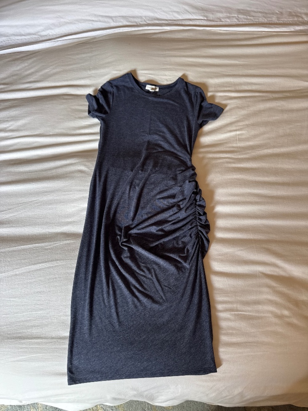 Blue shirt sleeve dress with side gather
